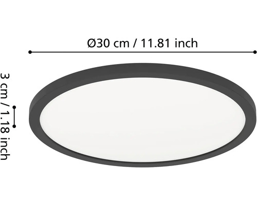 Kulaté, ploché LED stropní svítidlo s tmavým rámem, průměr 30 centimetrů, výška 3 centimetry.