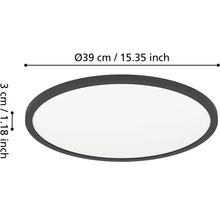 Kulaté stropní svítidlo s rozměry: průměr 39 centimetrů a výška 3 centimetry.