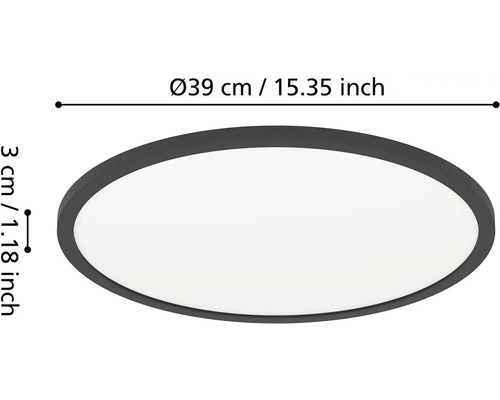 Kulaté stropní svítidlo s rozměry: průměr 39 centimetrů a výška 3 centimetry.