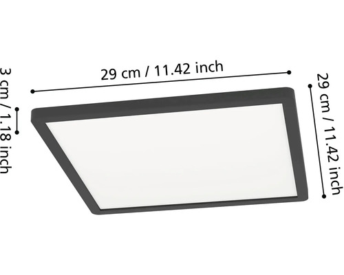 Čtvercové stropní svítidlo s rozměry 29 centimetrů krát 29 centimetrů a výškou 3 centimetry.