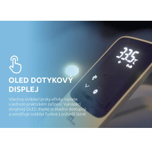 OLED dotykový displej pro vířivky s ukazatelem teploty 33,5 stupňů Celsia a symboly pro masáž a osvětlení.