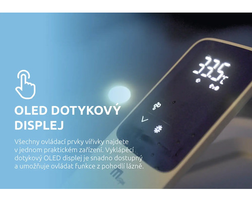 OLED dotykový displej pro vířivky s ukazatelem teploty 33,5 stupňů Celsia a symboly pro masáž a osvětlení.