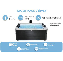 Specifikace vířivky: kapacita pro 6 osob, objem 930 litrů, 138 vzduchových trysek, zimní provoz, funkce proti zamrzání a UVC dezinfekce.