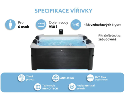 Specifikace vířivky: kapacita pro 6 osob, objem 930 litrů, 138 vzduchových trysek, zimní provoz, funkce proti zamrzání a UVC dezinfekce.