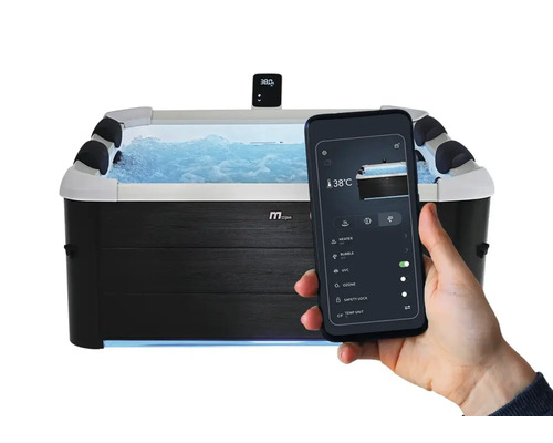 Vířivka MSpa s opěrkami hlavy, ovládaná pomocí aplikace v chytrém telefonu pro nastavení teploty, bublinkové funkce a čisticích systémů.