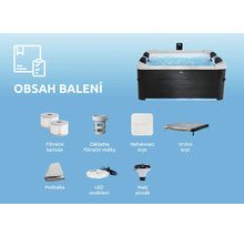 Mspa Logo na vířivce s obsahem balení: filtrační kartuše, základna filtru, kryty, podložka, osvětlení a malý plovák.