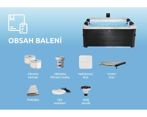 Mspa Logo na vířivce s obsahem balení: filtrační kartuše, základna filtru, kryty, podložka, osvětlení a malý plovák.