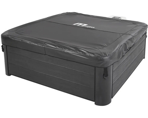 Čtvercová vířivka MSpa s tmavým obložením ve vzhledu dřeva a odpovídajícím krytem včetně MSpa Logo.