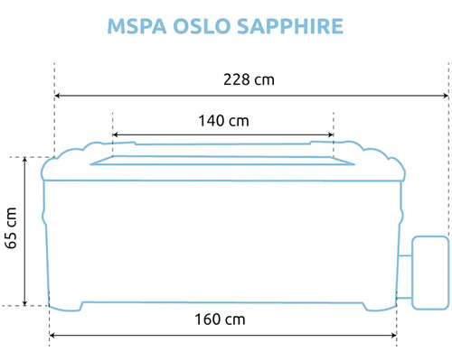 Rozměry vířivky MSPA Oslo Sapphire: šířka 160 centimetrů, celková šířka 228 centimetrů, vnitřní šířka 140 centimetrů, výška 65 centimetrů.