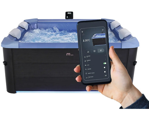 Nafukovací vířivka s ovládáním přes aplikaci v telefonu, tmavé obložení, bublající voda, opěrky hlavy a zobrazení teploty 38 stupňů Celsia.