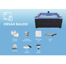Obsah balení vířivky včetně filtračních kartuší, základny filtru, nafukovacího krytu, vrchního krytu, podložky, LED osvětlení a malého plováku.
