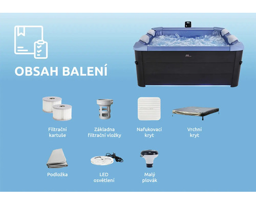 Obsah balení vířivky včetně filtračních kartuší, základny filtru, nafukovacího krytu, vrchního krytu, podložky, LED osvětlení a malého plováku.