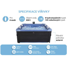 Venkovní vířivka pro 6 osob, objem 850 litrů, 8 hydromasážních trysek, 120 vzduchových trysek, Wi-Fi aplikace, LED osvětlení, UVC dezinfekce.