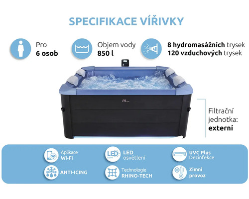 Venkovní vířivka pro 6 osob, objem 850 litrů, 8 hydromasážních trysek, 120 vzduchových trysek, Wi-Fi aplikace, LED osvětlení, UVC dezinfekce.