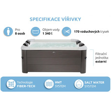 Vířivka pro 8 osob, objem vody 1340 litrů, 170 vzduchových trysek, externí filtrační jednotka, technologie Fiber-Tech a solný systém.
