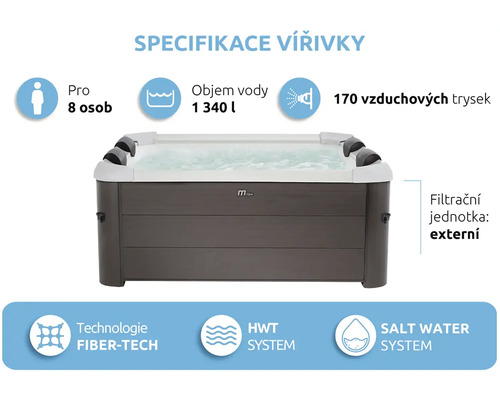 Vířivka pro 8 osob, objem vody 1340 litrů, 170 vzduchových trysek, externí filtrační jednotka, technologie Fiber-Tech a solný systém.