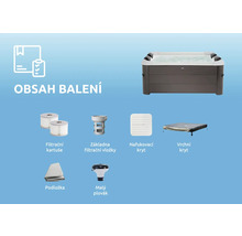 Obsah balení vířivky zahrnuje vířivku, dvě filtrační kartuše, základnu filtrační vložky, nafukovací kryt, vrchní kryt, podložku a malý plovák.