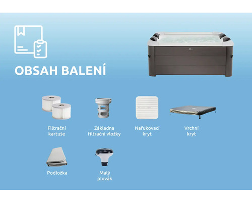 Obsah balení vířivky zahrnuje vířivku, dvě filtrační kartuše, základnu filtrační vložky, nafukovací kryt, vrchní kryt, podložku a malý plovák.
