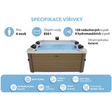 Vířivka pro 6 osob, objem 850 litrů, 120 vzduchových a 8 masážních trysek, Wi-Fi ovládání, UVC dezinfekce a LED osvětlení.