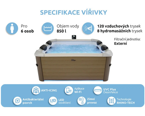 Vířivka pro 6 osob, objem 850 litrů, 120 vzduchových a 8 masážních trysek, Wi-Fi ovládání, UVC dezinfekce a LED osvětlení.