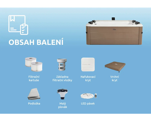 Obsah balení obdélníkové vířivky zahrnuje filtrační kartuše, základnu filtru, nafukovací kryt, vrchní kryt, podložku, plovák a LED pásek.