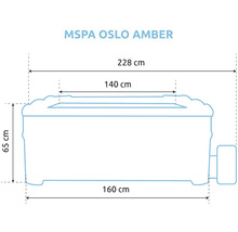 Rozměrový výkres vířivky MSPA Oslo Amber s šířkou 228, 160 a 140 centimetrů a výškou 65 centimetrů.