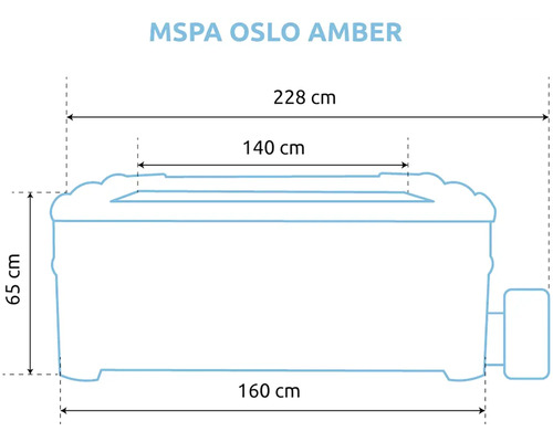 Rozměrový výkres vířivky MSPA Oslo Amber s šířkou 228, 160 a 140 centimetrů a výškou 65 centimetrů.