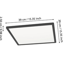 Čtvercové LED stropní svítidlo s rozměry 39 krát 39 centimetrů a výškou 2,50 centimetrů.
