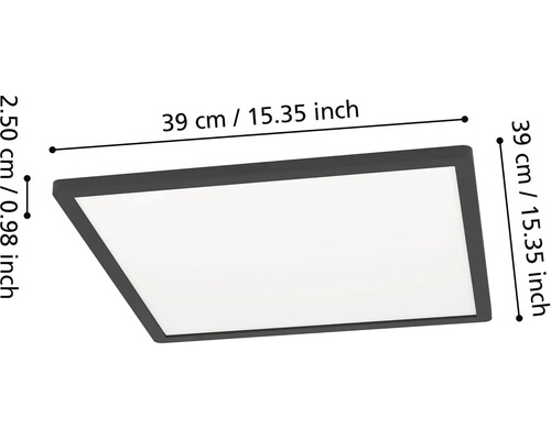 Čtvercové LED stropní svítidlo s rozměry 39 krát 39 centimetrů a výškou 2,50 centimetrů.