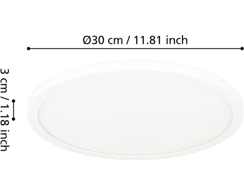 Kulaté bílé stropní LED svítidlo o průměru 30 centimetrů a výšce 3 centimetry.