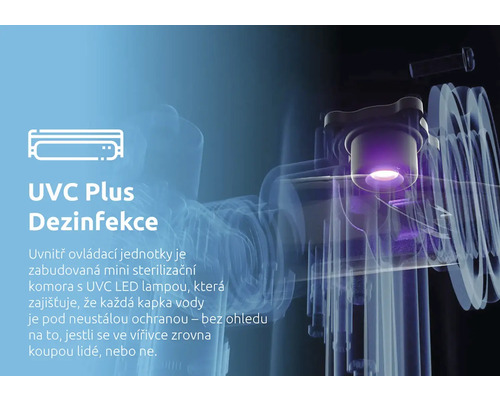 Integrovaná sterilizační komora s UVC LED lampou v ovládací jednotce pro neustálou dezinfekci vody ve vířivce.