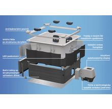 Explozivní pohled na vířivku s popisy izolace, masážních trysek, ovládací jednotky, LED osvětlení a bočních stěn se vzhledem dřeva.