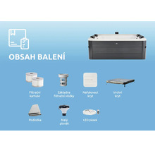 Obsah balení vířivky zahrnující filtrační kartuše, základnu filtru, kryty, podložku, plovák a LED pásek.