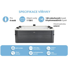 Vířivka pro šest osob, 1150 litrů, 140 vzduchových trysek, 8 hydromasážních trysek, externí filtrace, Wi-Fi, UVC dezinfekce a LED osvětlení.