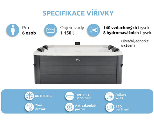 Vířivka pro šest osob, 1150 litrů, 140 vzduchových trysek, 8 hydromasážních trysek, externí filtrace, Wi-Fi, UVC dezinfekce a LED osvětlení.