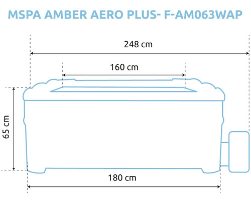 Vířivka MSpa Amber Aero Plus F-AM063WAP: vnější šířka 180, vnitřní šířka 160, celková šířka 248 a výška 65 centimetrů.