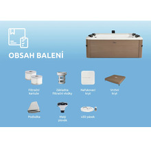 Obsah balení obdélníkové vířivky v dřevěném dekoru včetně filtračních kartuší, dvou krytů, podložky, plováku a světelného pásku.