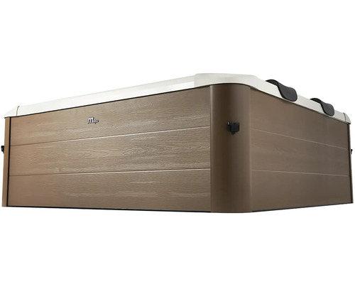 Čtvercová venkovní vířivka s obložením v dekoru dřeva, bílým okrajem a opěrkami hlavy. Logo MSpa.