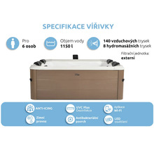 Obdélníková vířivka pro 6 osob, 1150 litrů, 140 vzduchových a 8 masážních trysek, externí filtrace, anti-icing, zimní provoz, UVC, Wi-Fi a LED.
