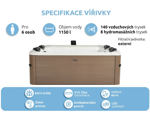 Obdélníková vířivka pro 6 osob, 1150 litrů, 140 vzduchových a 8 masážních trysek, externí filtrace, anti-icing, zimní provoz, UVC, Wi-Fi a LED.