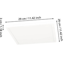 Čtvercový LED stropní panel o rozměrech 29 centimetrů krát 29 centimetrů a výšce 3 centimetry.