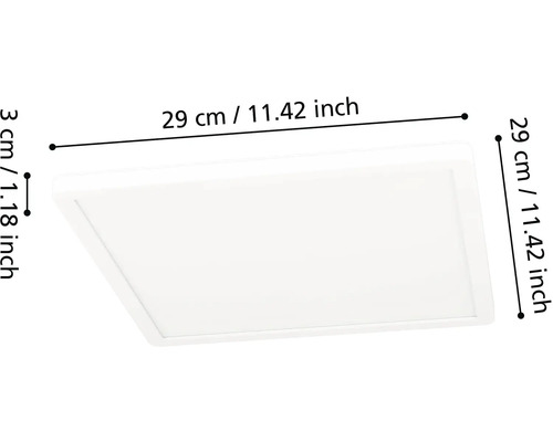 Čtvercový LED stropní panel o rozměrech 29 centimetrů krát 29 centimetrů a výšce 3 centimetry.