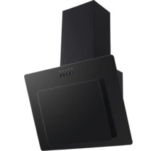 Černý nástěnný odsavač par v šikmém provedení s komínem a tlačítkovým ovládáním.