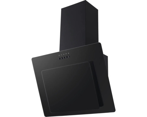 Černý nástěnný odsavač par v šikmém provedení s komínem a tlačítkovým ovládáním.