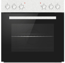 Vestavná trouba s ovládacím panelem z nerezové oceli, šesti otočnými knoflíky a černým skleněným čelem.