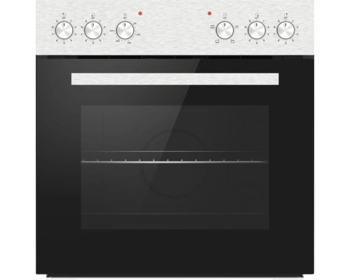 Vestavná trouba s ovládacím panelem z nerezové oceli, šesti otočnými knoflíky a černým skleněným čelem.