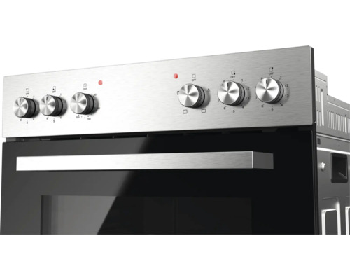 Ovládací panel vestavné trouby z nerezové oceli se šesti otočnými knoflíky a madlem.