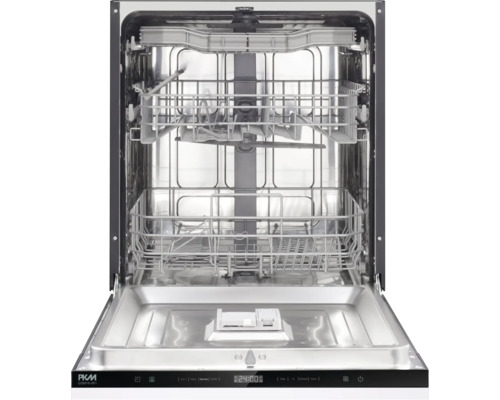 Otevřená vestavná myčka nádobí PKM se třemi kovovými koši a digitálním ovládacím panelem na horní straně dvířek.