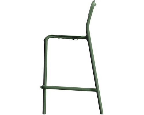 Zelený kovový rám barové židle s integrovanou opěrkou na nohy, boční pohled.