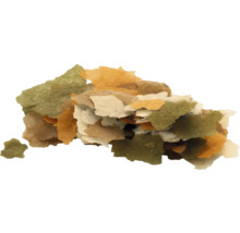 Vícebarevné vločkové krmivo pro okrasné ryby v různých tvarech a velikostech.